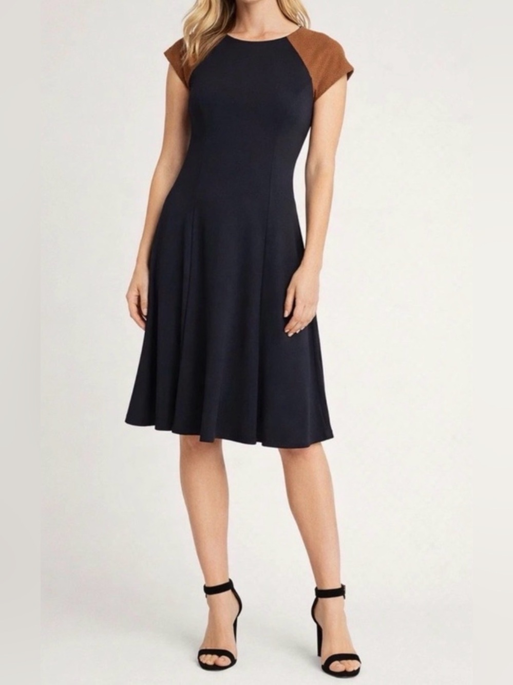 Lauren Ralph Lauren Black A-Line Midi Dress with Brown sleeves
